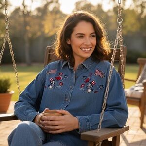 Vintage Quizz Patritoic 4th of July American Embroidered Denim Button Down Shirt